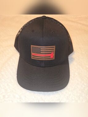 Black Trucker Hat with American Flag and Red Thin Line Axe